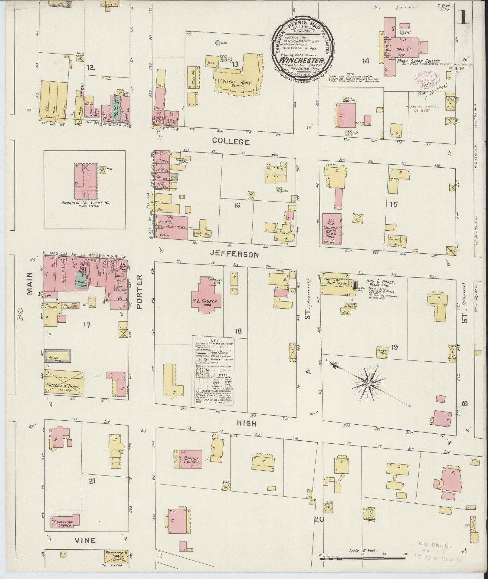 Sanborn Fire Insurance Map from Winchester, Franklin County, Tennessee (1892), Sheet #0001 - Historic Sanborn Fire Insurance Map Print, vintage old map wall art, antique decor, genealogy gift, Tennessee Tennessee map
