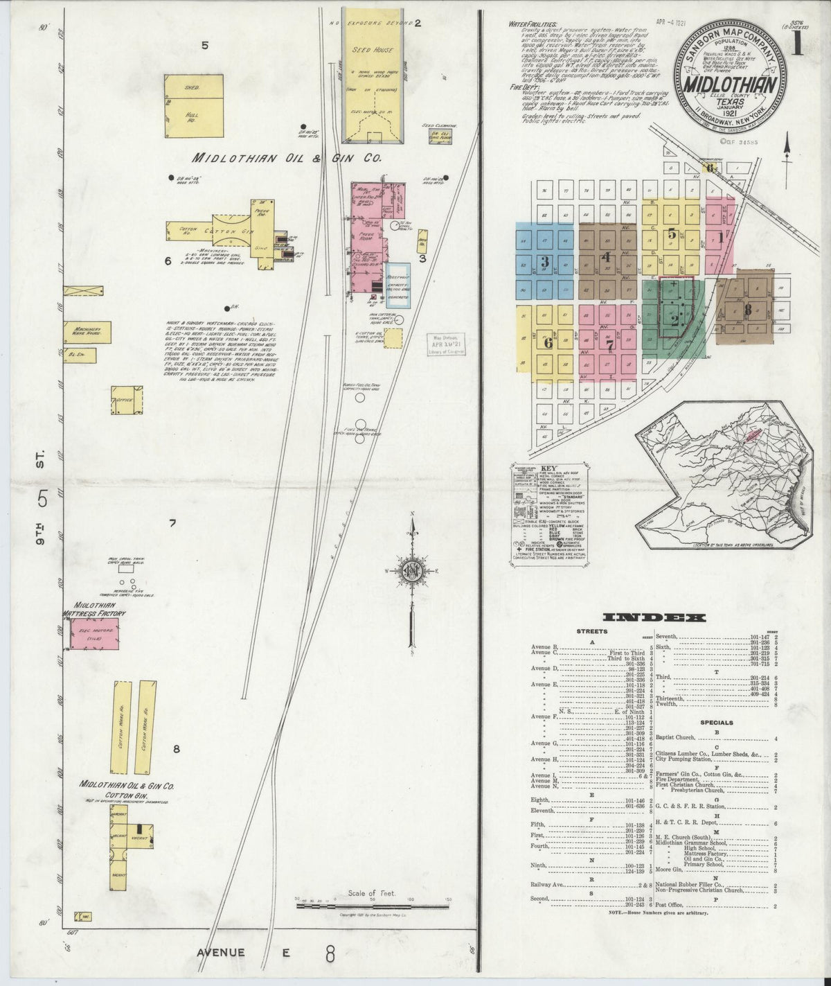 Sanborn Fire Insurance Map from Midlothian, Ellis County, Texas (1921), Sheet #0001 - Historic Sanborn Fire Insurance Map Print, vintage old map wall art, antique decor, genealogy gift, Texas Texas map