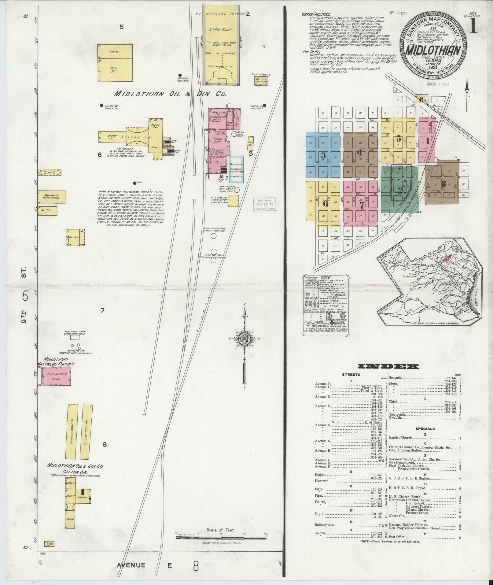 Sanborn Fire Insurance Map from Midlothian, Ellis County, Texas (1921), Sheet #0001 - Historic Sanborn Fire Insurance Map Print, vintage old map wall art, antique decor, genealogy gift, Texas Texas map