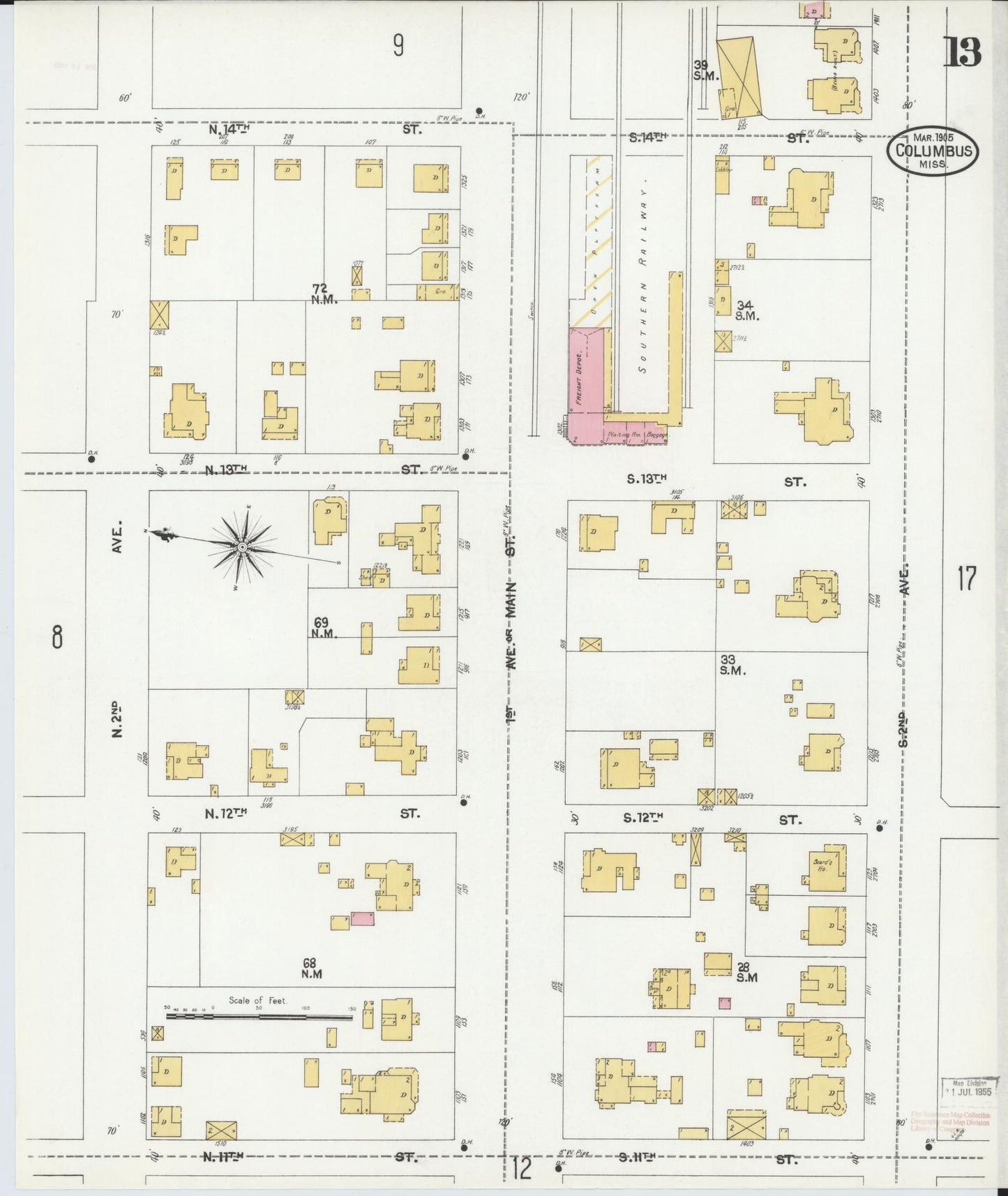 Sanborn Fire Insurance Map from Columbus, Lowndes County, Mississippi (1905), Sheet #0013 - Historic Sanborn Fire Insurance Map Print, vintage old map wall art, antique decor, genealogy gift, Mississippi Mississippi map
