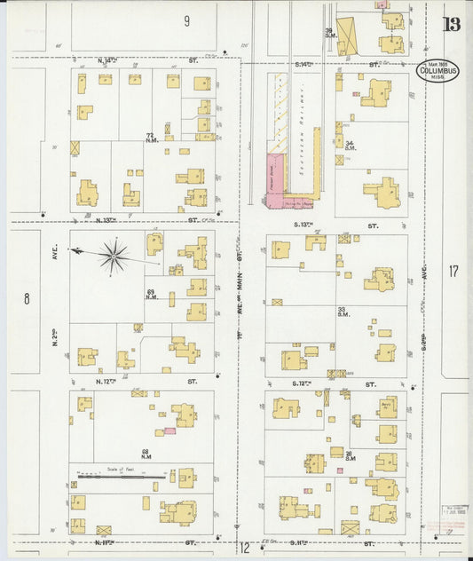 Sanborn Fire Insurance Map from Columbus, Lowndes County, Mississippi (1905), Sheet #0013 - Historic Sanborn Fire Insurance Map Print, vintage old map wall art, antique decor, genealogy gift, Mississippi Mississippi map
