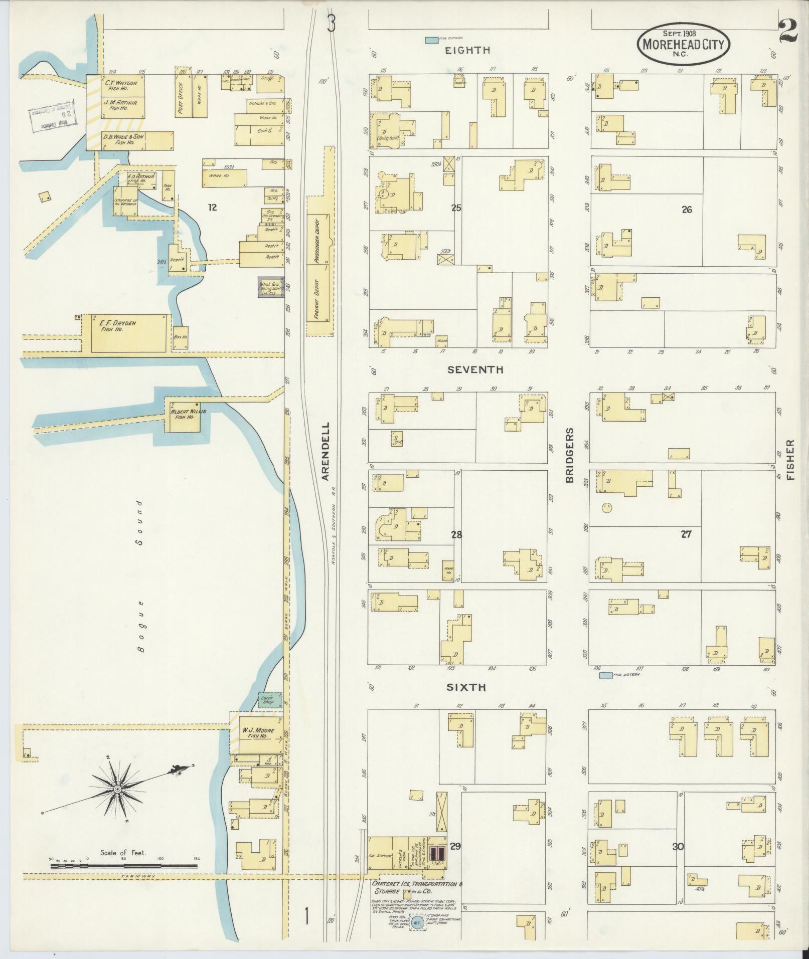 Sanborn Fire Insurance Map from Morehead City, Carteret County, North Carolina (1908), Sheet #0002 - Historic Sanborn Fire Insurance Map Print, vintage old map wall art, antique decor, genealogy gift, North Carolina North Carolina map