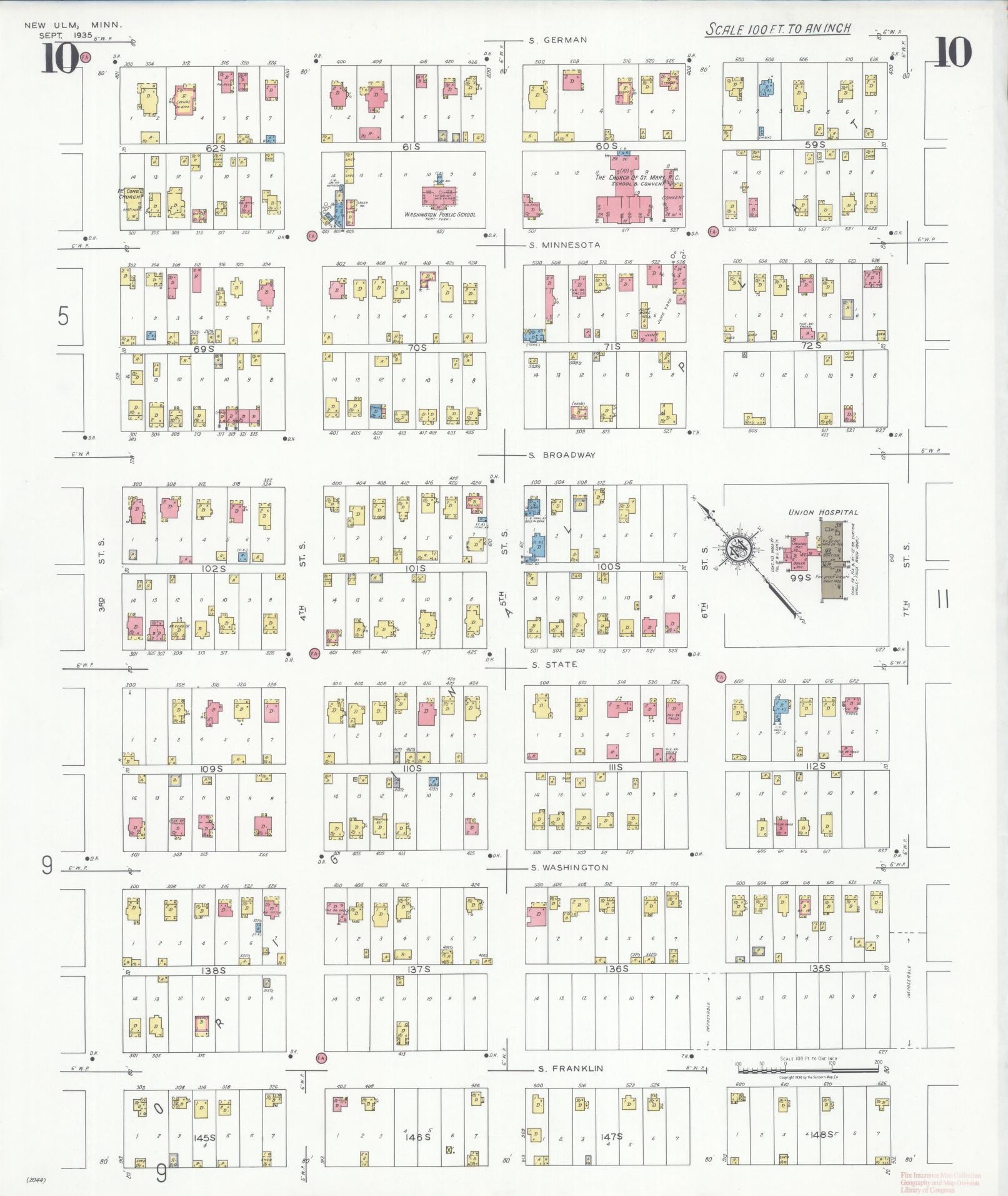 Sanborn Fire Insurance Map from New Ulm, Brown County, Minnesota (1935), Sheet #0010 - Historic Sanborn Fire Insurance Map Print, vintage old map wall art, antique decor, genealogy gift, Minnesota Minnesota map