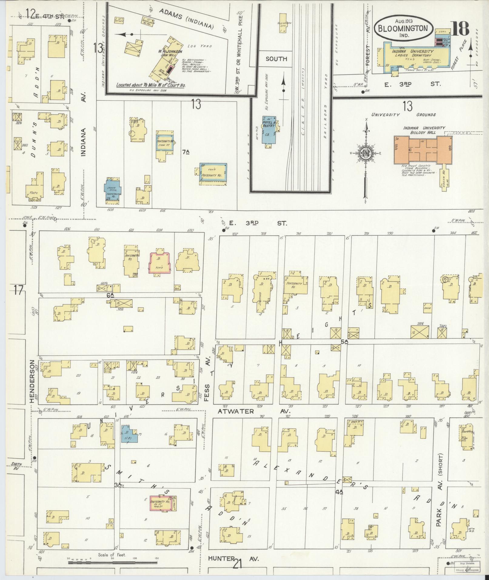 Sanborn Fire Insurance Map from Bloomington, Monroe County, Indiana (1913), Sheet #0018 - Complete Map Set gallery image, historic Sanborn map, vintage wall art, Indiana Indiana