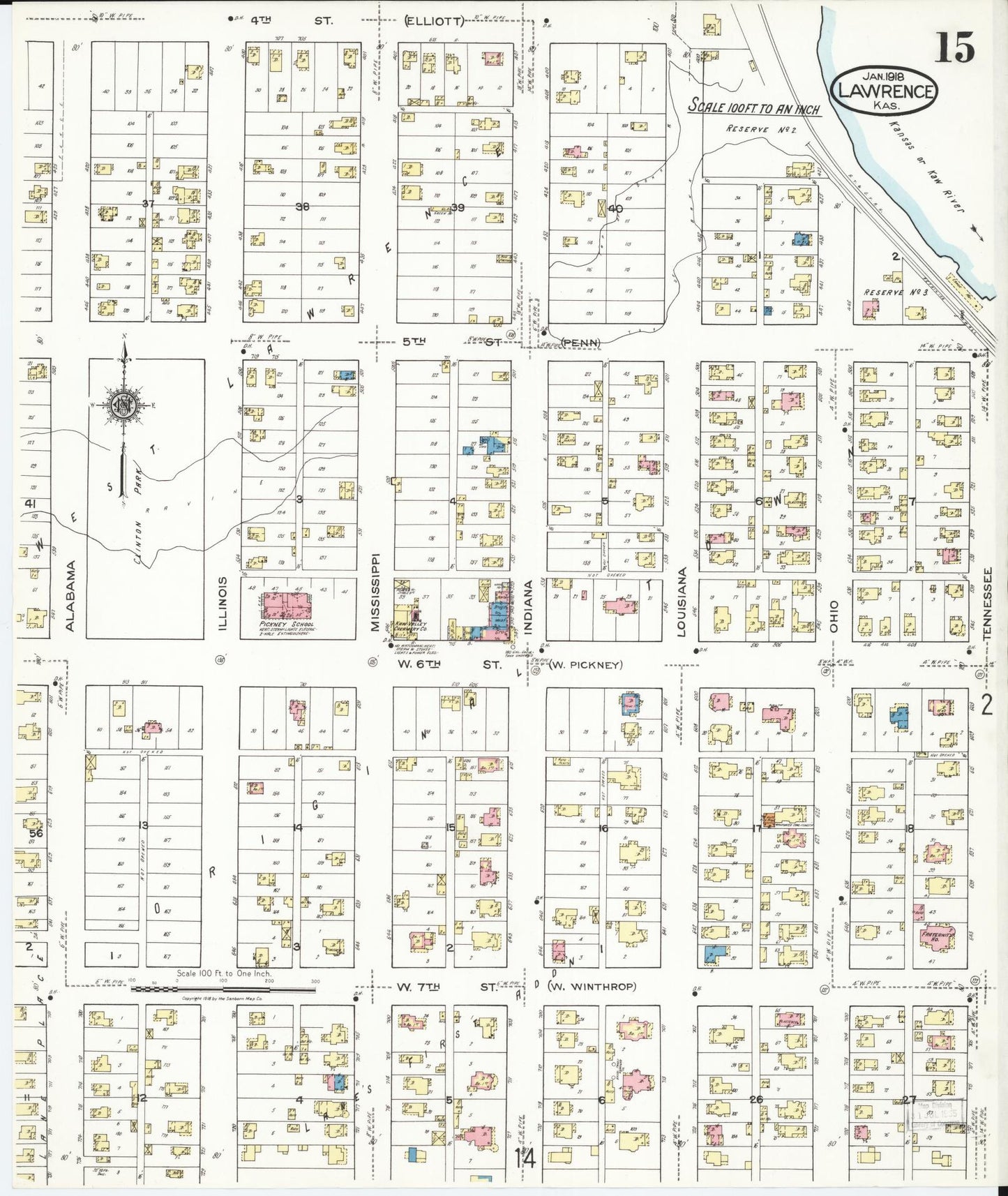 Sanborn Fire Insurance Map from Lawrence, Douglas County, Kansas (1918), Sheet #0015 - Historic Sanborn Fire Insurance Map Print, vintage old map wall art, antique decor, genealogy gift, Kansas Kansas map