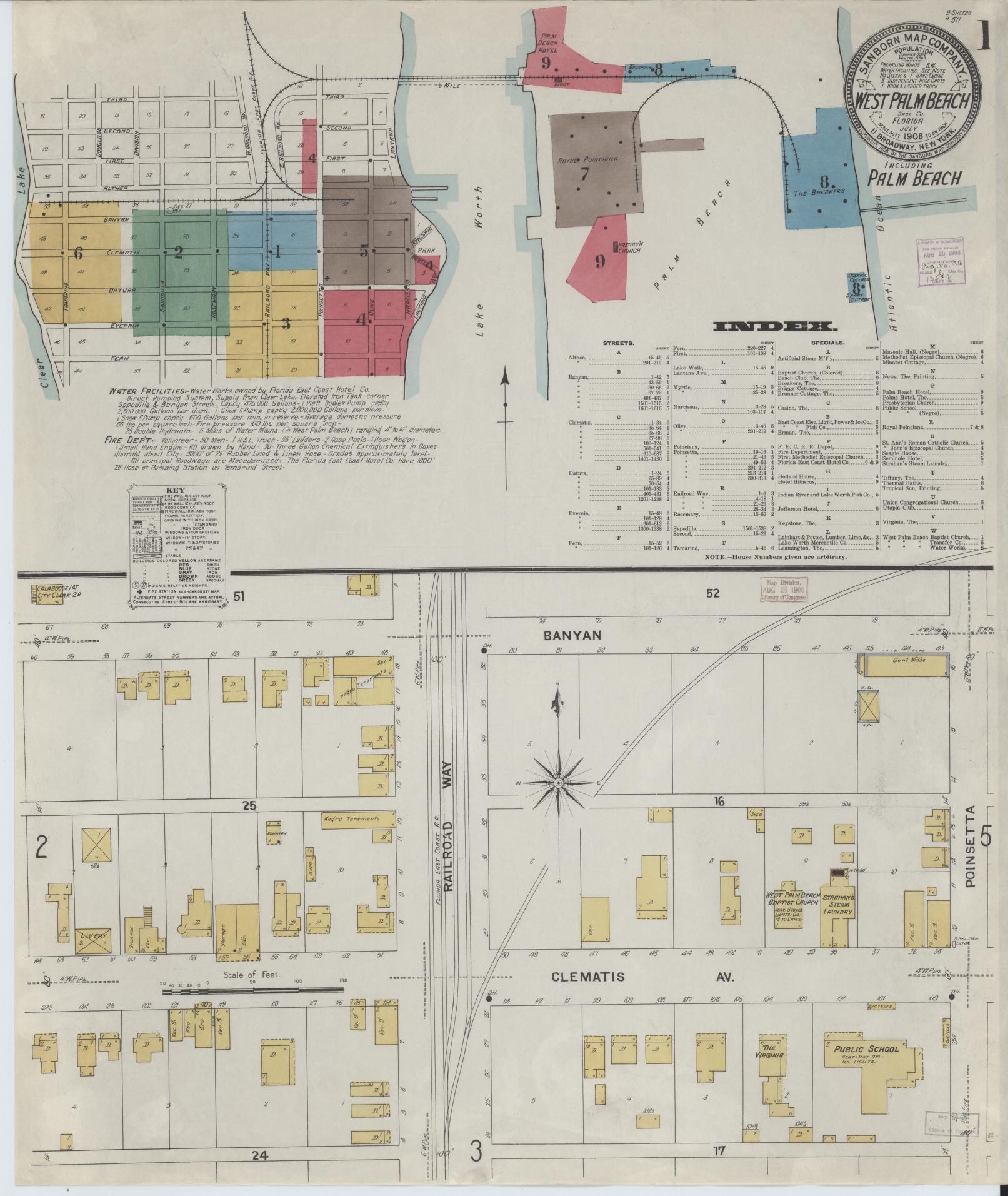 Sanborn Fire Insurance Map from West Palm Beach, Dade County, Florida (1908), Sheet #0001 - Complete Map Set gallery image, historic Sanborn map, vintage wall art, Florida Florida