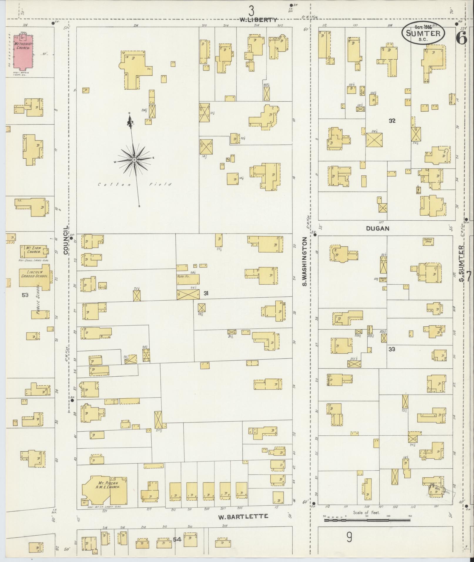 Sanborn Fire Insurance Map from Sumter, Sumter County, South Carolina (1906), Sheet #0006 - Historic Sanborn Fire Insurance Map Print, vintage old map wall art, antique decor, genealogy gift, South Carolina South Carolina map