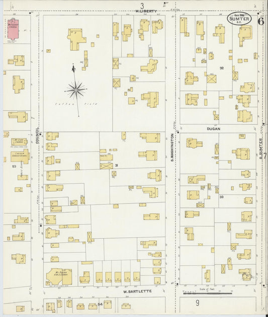 Sanborn Fire Insurance Map from Sumter, Sumter County, South Carolina (1906), Sheet #0006 - Historic Sanborn Fire Insurance Map Print, vintage old map wall art, antique decor, genealogy gift, South Carolina South Carolina map