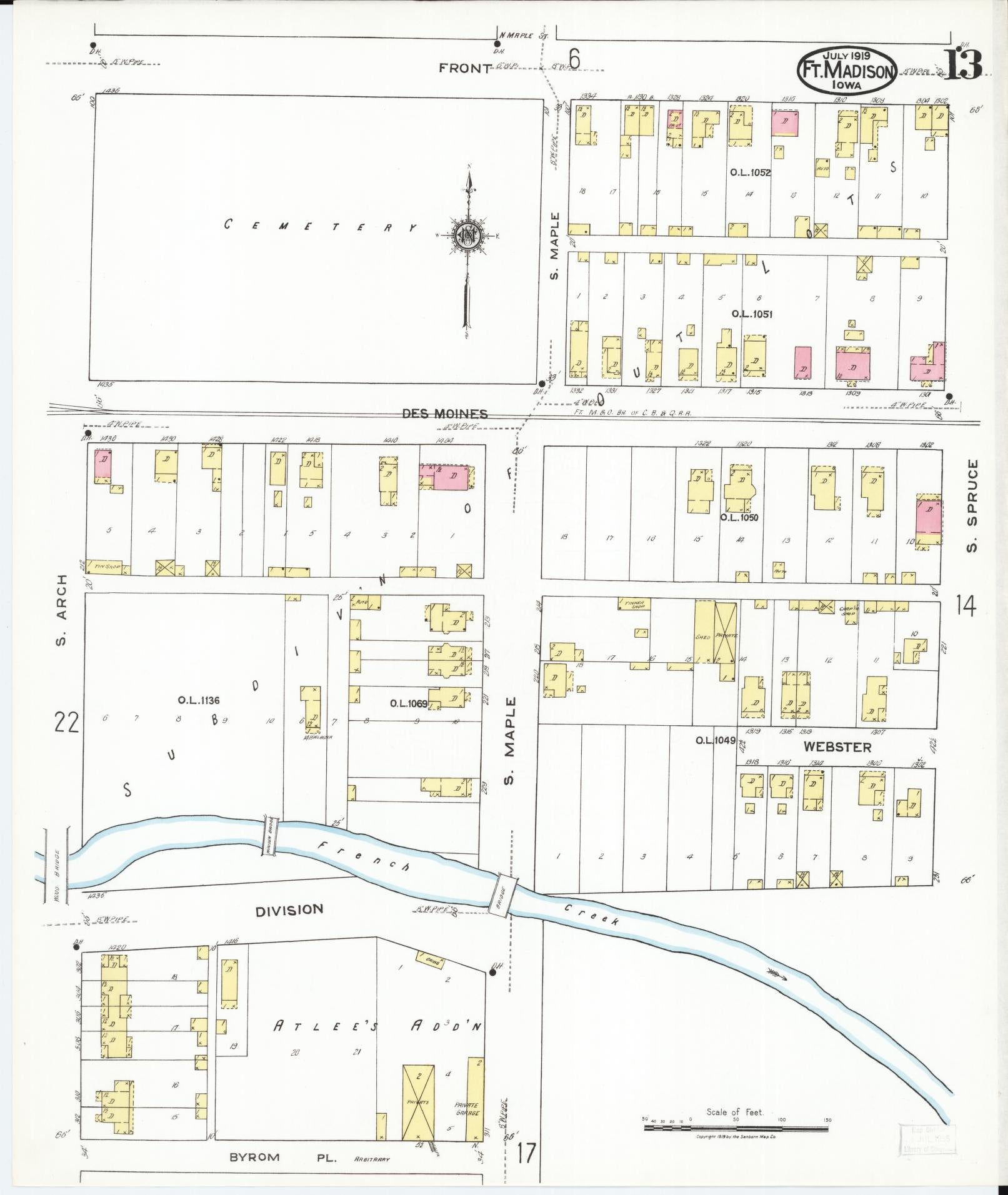 Sanborn Fire Insurance Map from Fort Madison, Lee County, Iowa (1919), Sheet #0013 - Historic Sanborn Fire Insurance Map Print, vintage old map wall art