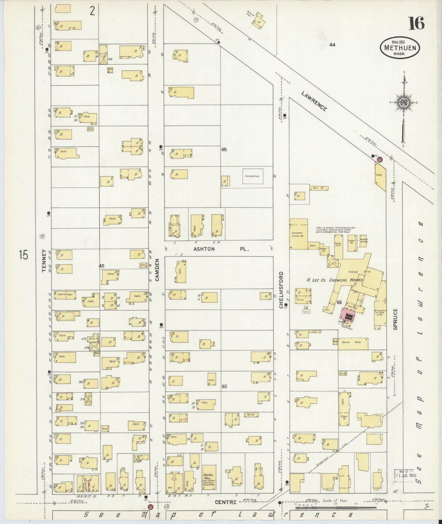 Sanborn Fire Insurance Map from Methuen, Essex County, Massachusetts (1911), Sheet #0016 - Historic Sanborn Fire Insurance Map Print, vintage old map wall art, antique decor, genealogy gift, Massachusetts Massachusetts map
