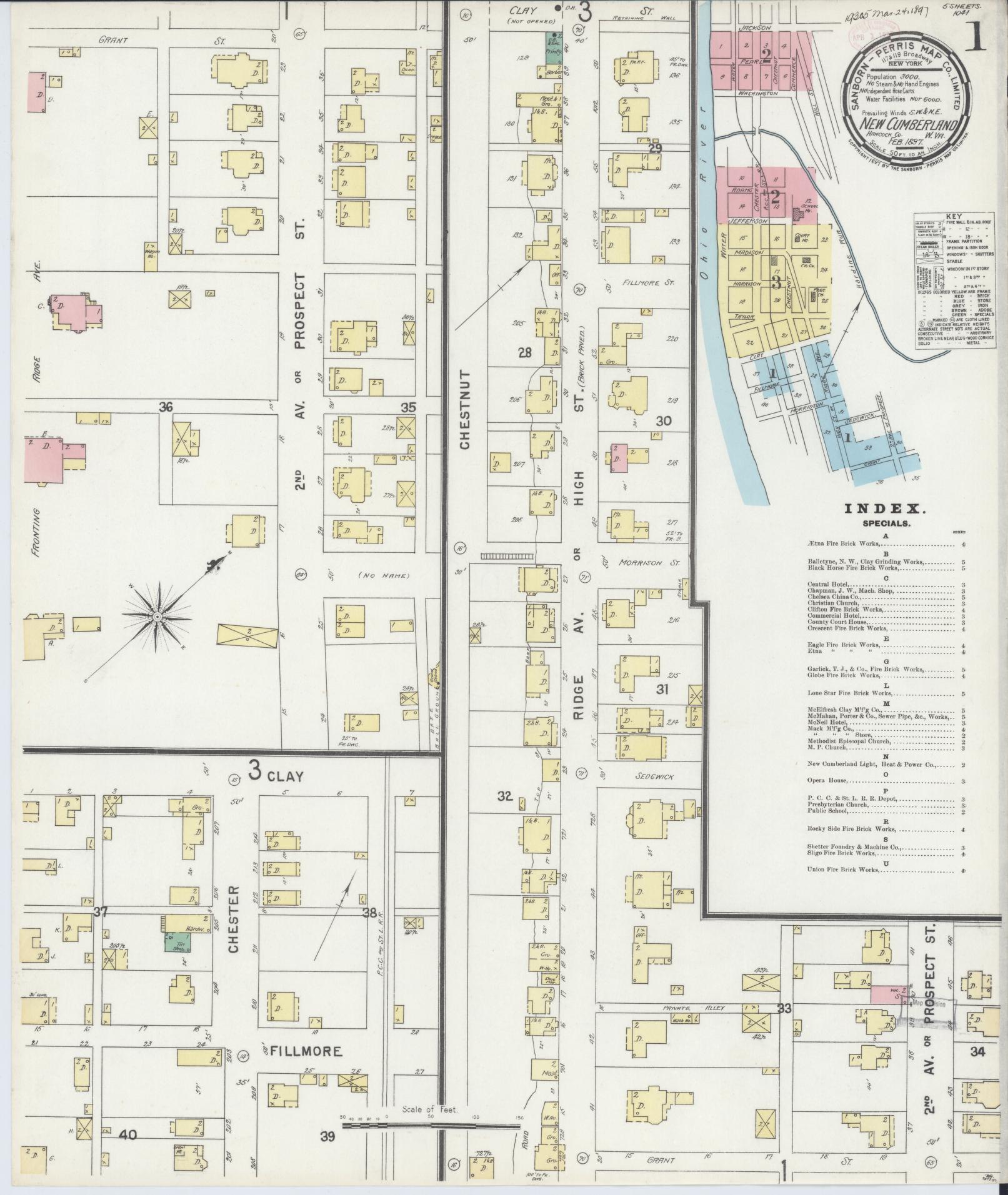 Sanborn Fire Insurance Map from New Cumberland, Hancock County, West Virginia (1897), Sheet #0001 - Complete Map Set gallery image, historic Sanborn map, vintage wall art, West Virginia West Virginia