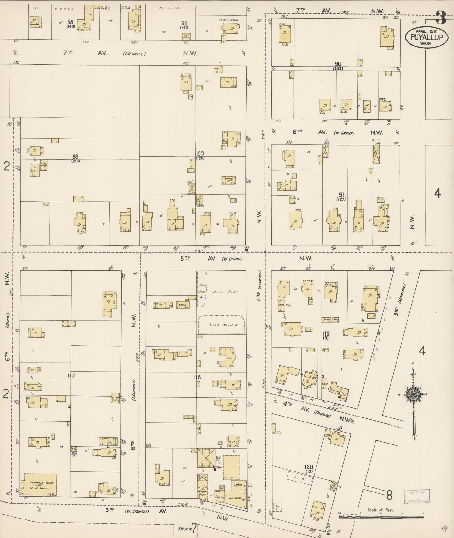 Sanborn Fire Insurance Map from Puyallup, Pierce County, Washington (1912), Sheet #0003 - Complete Map Set gallery image, historic Sanborn map, vintage wall art, Washington Washington
