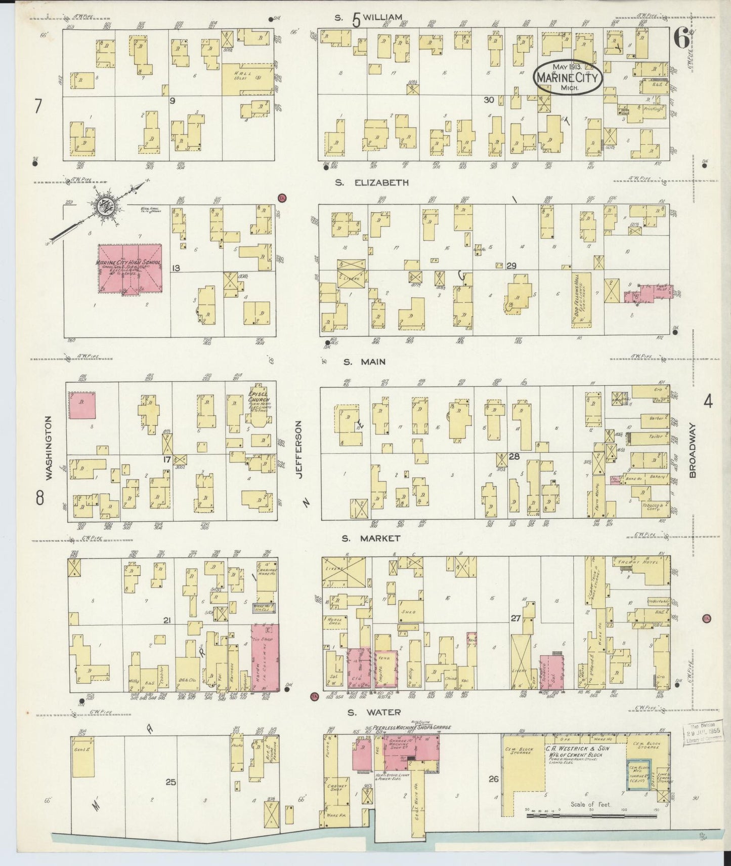 Sanborn Fire Insurance Map from Marine City, Saint Clair County, Michigan (1913), Sheet #0006 - Complete Map Set gallery image, historic Sanborn map, vintage wall art, Michigan Michigan