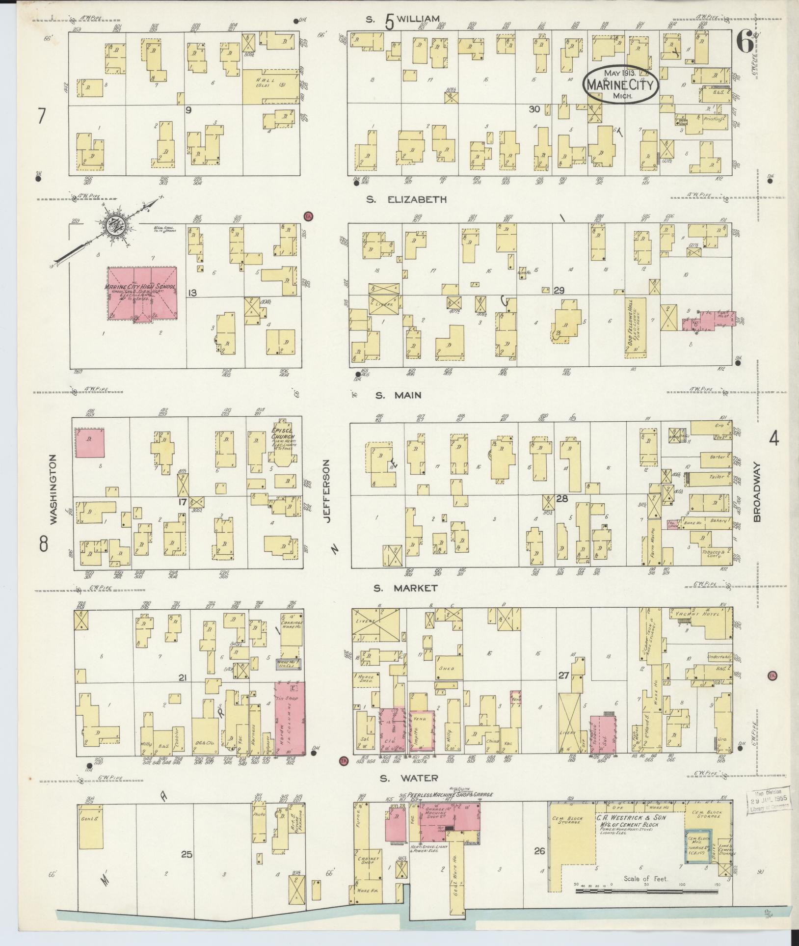 Sanborn Fire Insurance Map from Marine City, Saint Clair County, Michigan (1913), Sheet #0006 - Complete Map Set gallery image, historic Sanborn map, vintage wall art, Michigan Michigan