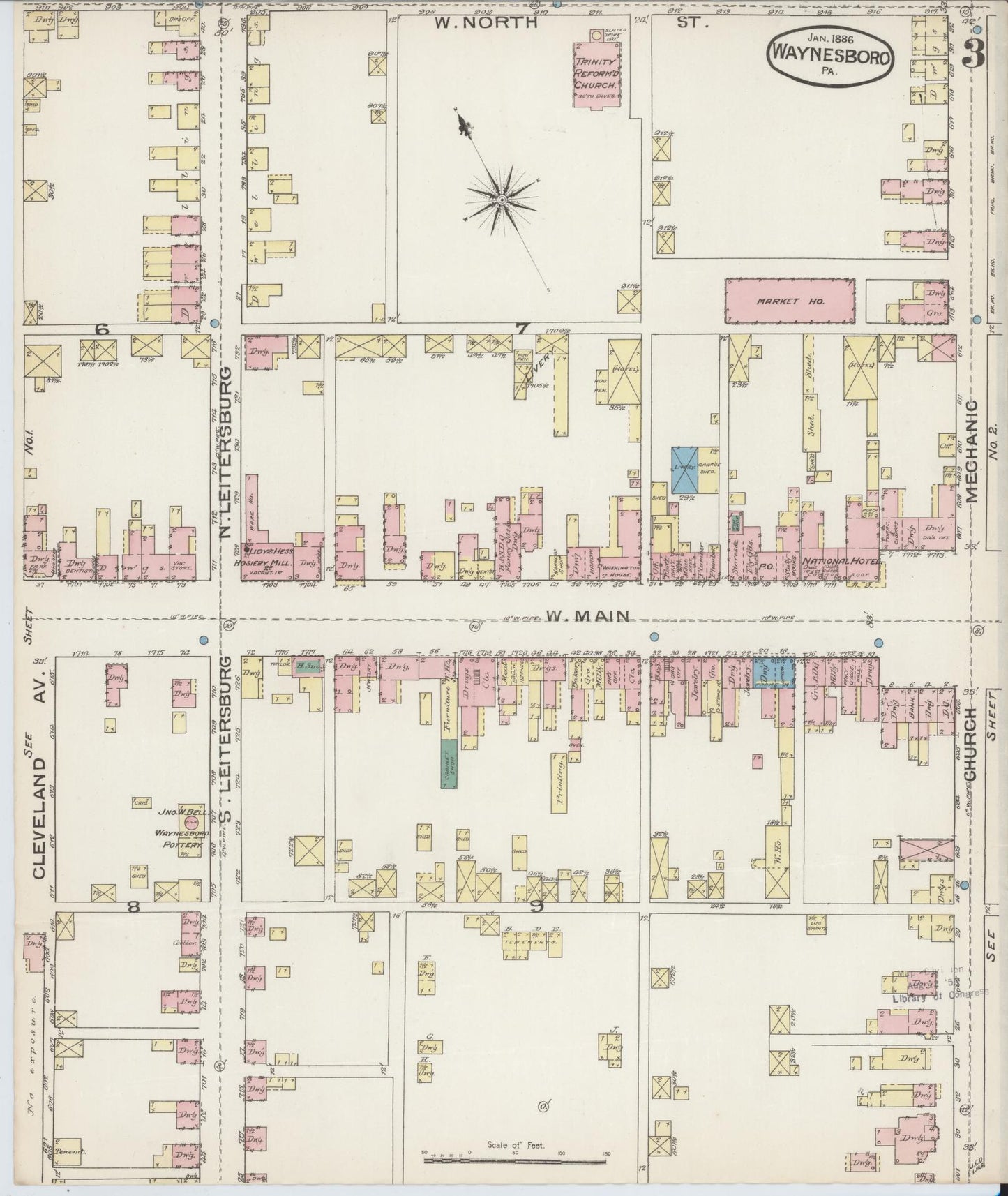 Sanborn Fire Insurance Map from Waynesboro, Franklin County, Pennsylvania (1886), Sheet #0003 - Complete Map Set gallery image, historic Sanborn map, vintage wall art, Pennsylvania Pennsylvania