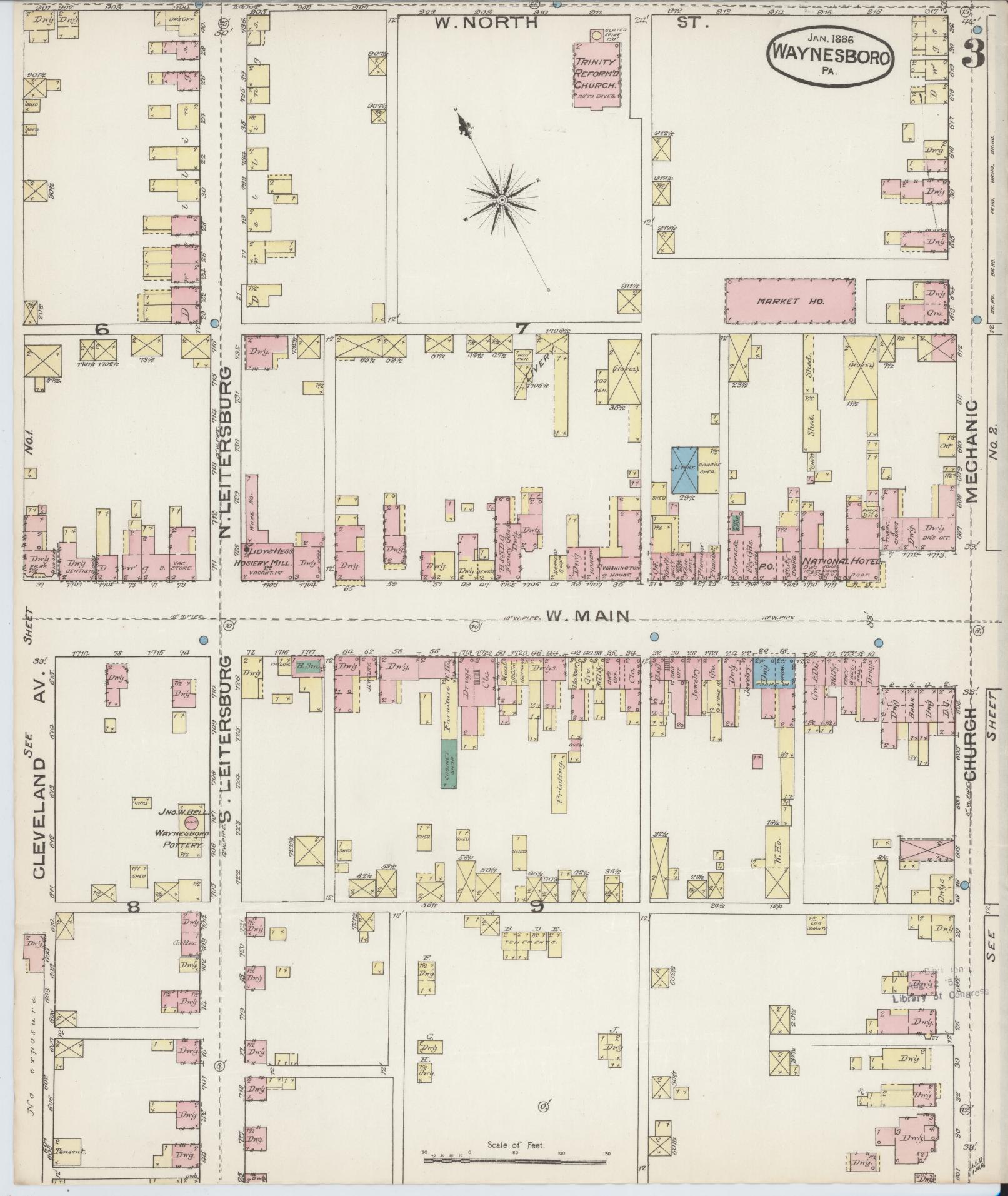 Sanborn Fire Insurance Map from Waynesboro, Franklin County, Pennsylvania (1886), Sheet #0003 - Complete Map Set gallery image, historic Sanborn map, vintage wall art, Pennsylvania Pennsylvania