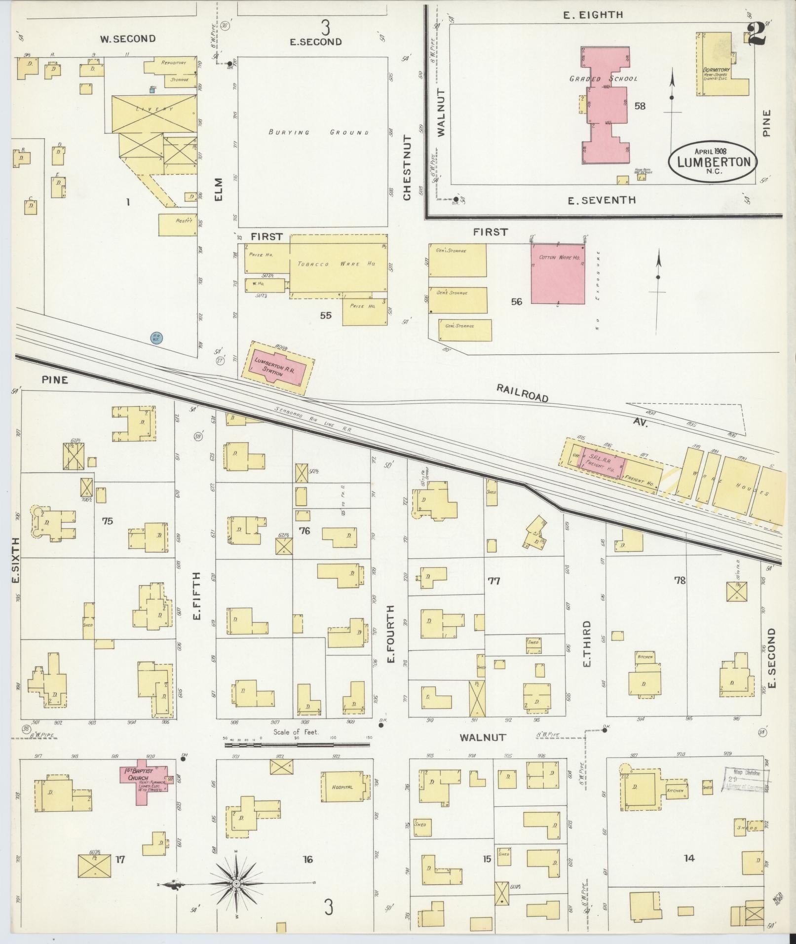 Sanborn Fire Insurance Map from Lumberton, Robeson County, North Carolina (1908), Sheet #0002 - Complete Map Set gallery image, historic Sanborn map, vintage wall art, North Carolina North Carolina