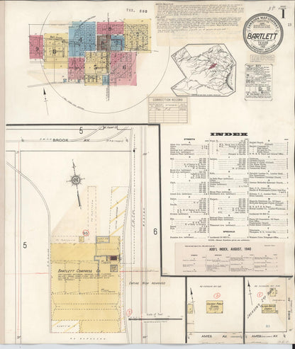 Sanborn Fire Insurance Map from Bartlett, Bell and Williamson Counties, Texas (1940), Sheet #0001 - Historic Sanborn Fire Insurance Map Print, vintage old map wall art, antique decor, genealogy gift, Texas Texas map
