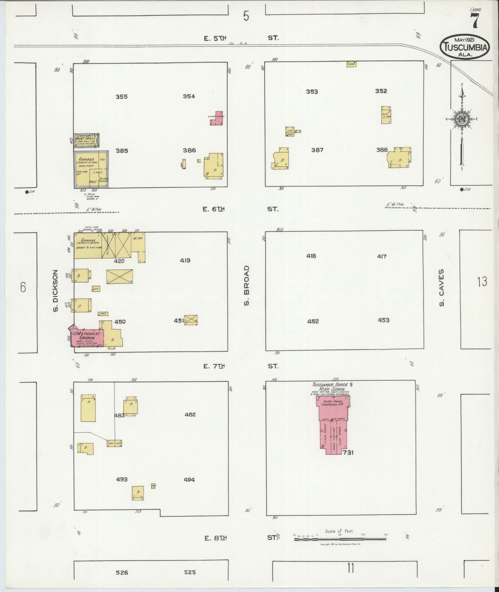 Sanborn Fire Insurance Map from Tuscumbia, Colbert County, Alabama (1921), Sheet #0007 - Complete Map Set gallery image, historic Sanborn map, vintage wall art, Alabama Alabama