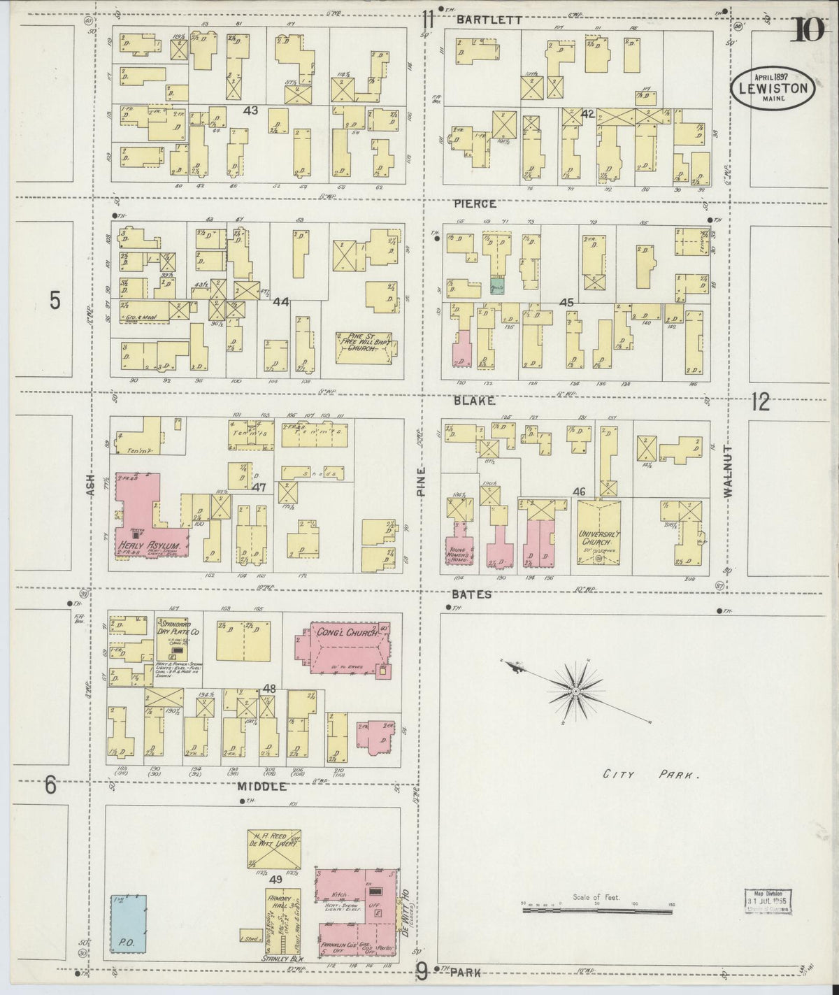 Sanborn Fire Insurance Map from Lewiston, Androscoggin County, Maine (1897), Sheet #0010 - Historic Sanborn Fire Insurance Map Print, vintage old map wall art, antique decor, genealogy gift, Maine Maine map
