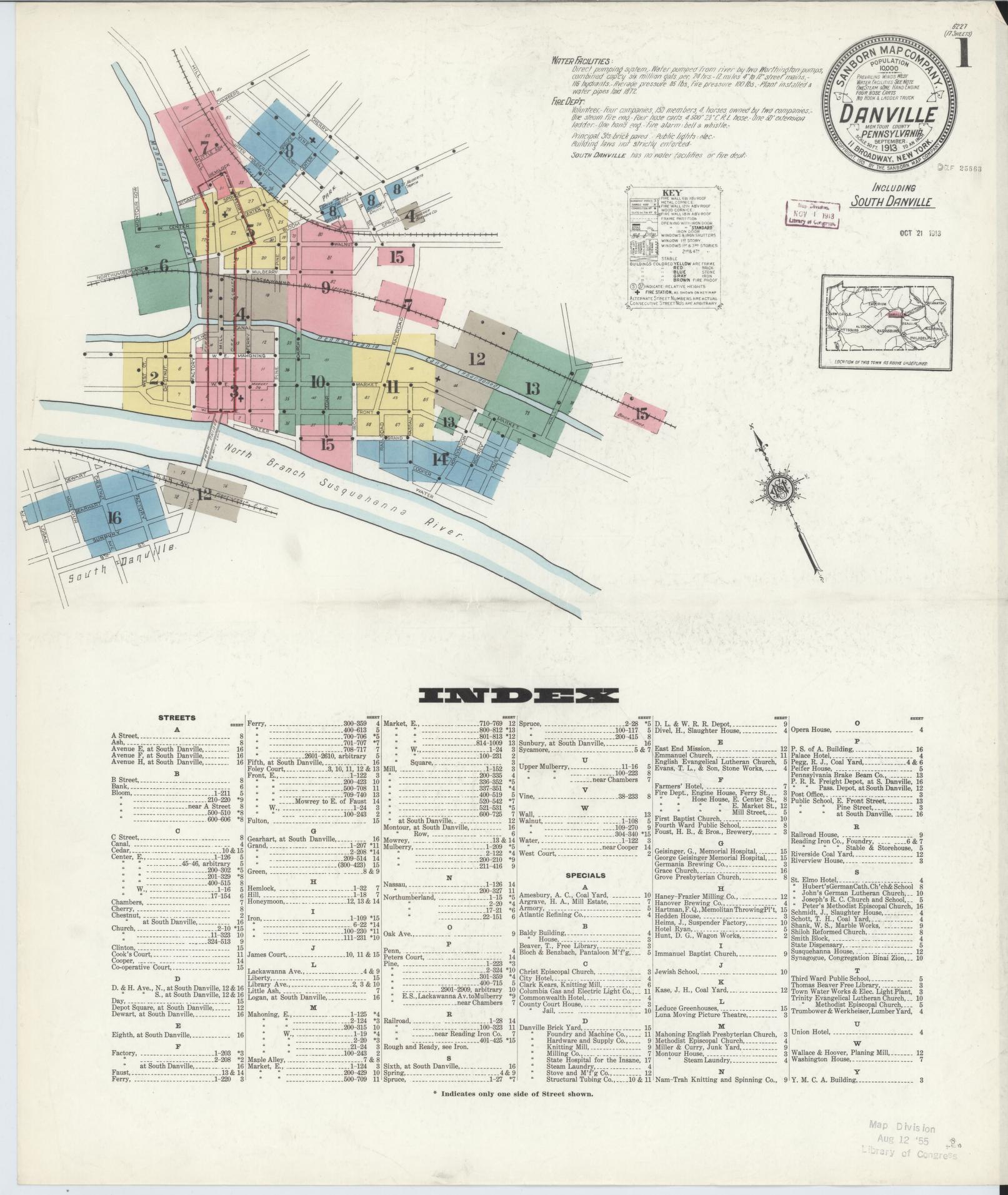 Sanborn Fire Insurance Map from Danville, Montour County, Pennsylvania (1913), Sheet #0001 - Historic Sanborn Fire Insurance Map Print, vintage old map wall art, antique decor, genealogy gift, Pennsylvania Pennsylvania map