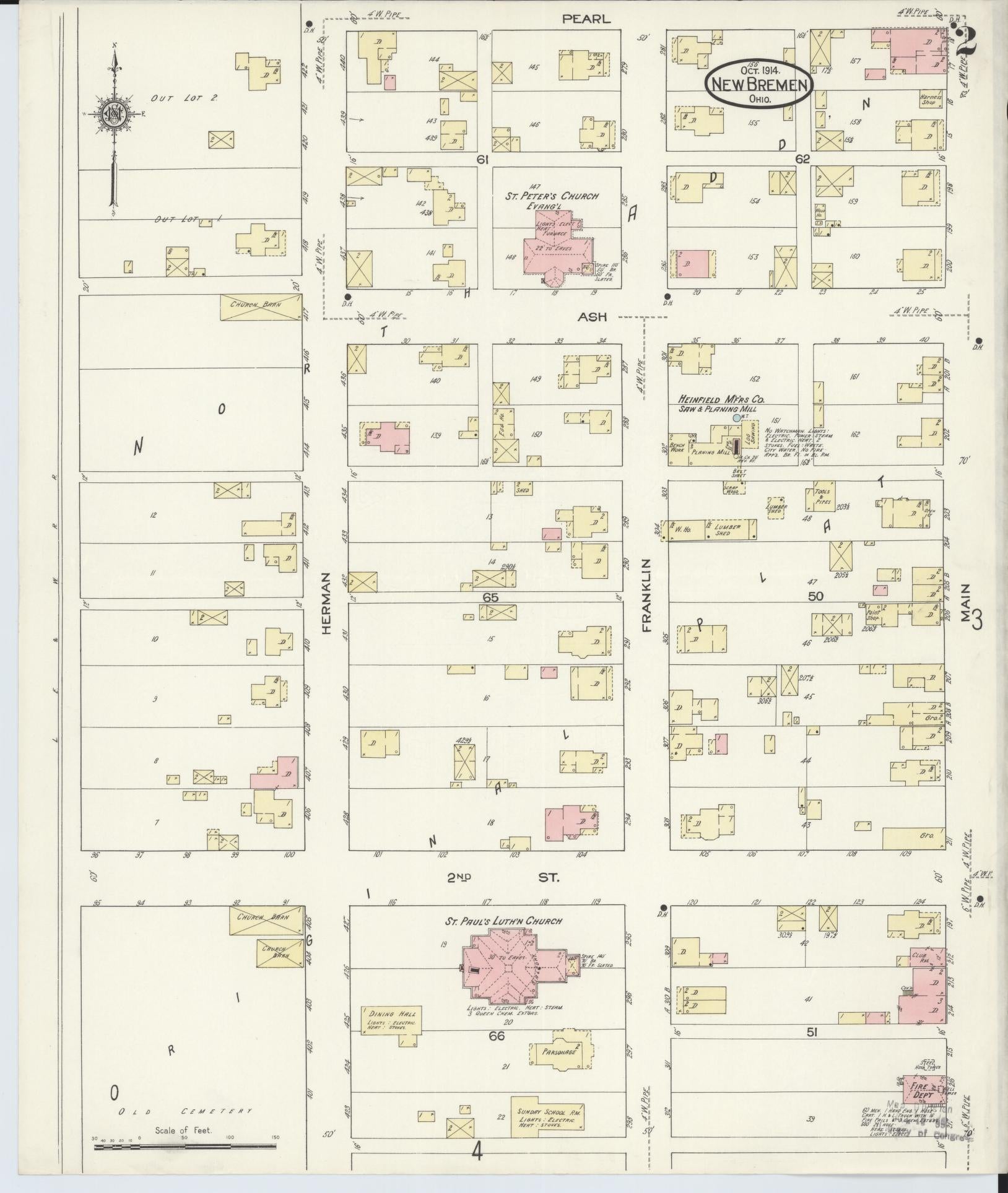 Sanborn Fire Insurance Map from New Bremen, Auglaize County, Ohio (1914), Sheet #0002 - Historic Sanborn Fire Insurance Map Print, vintage old map wall art, antique decor, genealogy gift, Ohio Ohio map