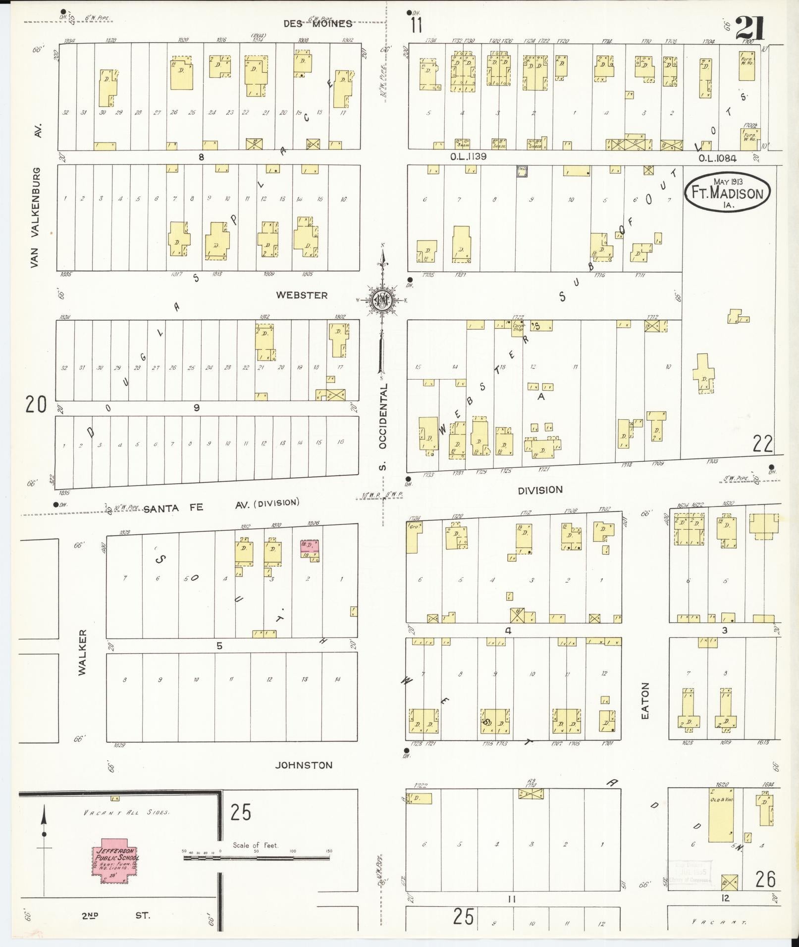 Sanborn Fire Insurance Map from Fort Madison, Lee County, Iowa (1913), Sheet #0021 - Historic Sanborn Fire Insurance Map Print, vintage old map wall art