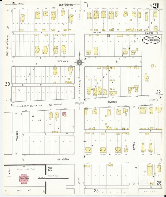 Sanborn Fire Insurance Map from Fort Madison, Lee County, Iowa (1913), Sheet #0021 - Historic Sanborn Fire Insurance Map Print, vintage old map wall art