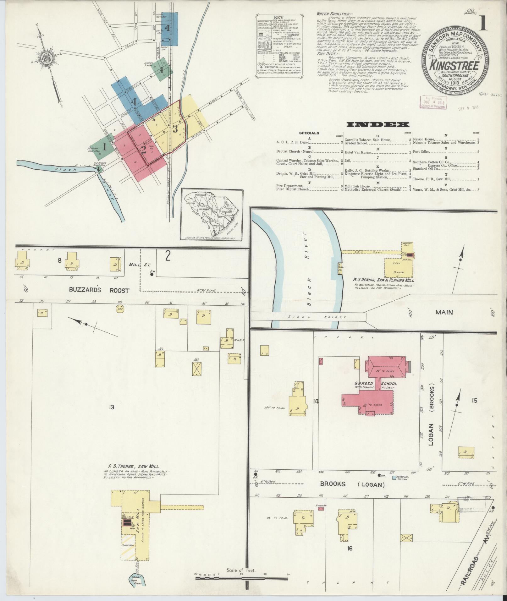 Sanborn Fire Insurance Map from Kingstree, Williamsburg County, South Carolina (1913), Sheet #0001 - Complete Map Set gallery image, historic Sanborn map, vintage wall art, South Carolina South Carolina
