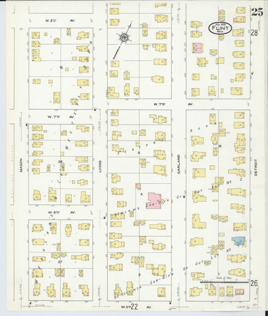 Sanborn Fire Insurance Map from Flint, Genesee County, Michigan (1909), Sheet #0025 - Historic Sanborn Fire Insurance Map Print, vintage old map wall art, antique decor, genealogy gift, Michigan Michigan map