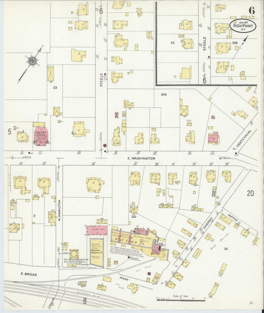 Sanborn Fire Insurance Map from High Point, Guilford County, North Carolina (1911), Sheet #0006 - Historic Sanborn Fire Insurance Map Print, vintage old map wall art, antique decor, genealogy gift, North Carolina North Carolina map
