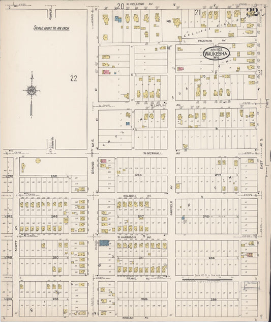 Sanborn Fire Insurance Map from Waukesha, Waukesha County, Wisconsin (1922), Sheet #0032 - Historic Sanborn Fire Insurance Map Print, vintage old map wall art, antique decor, genealogy gift, Wisconsin Wisconsin map