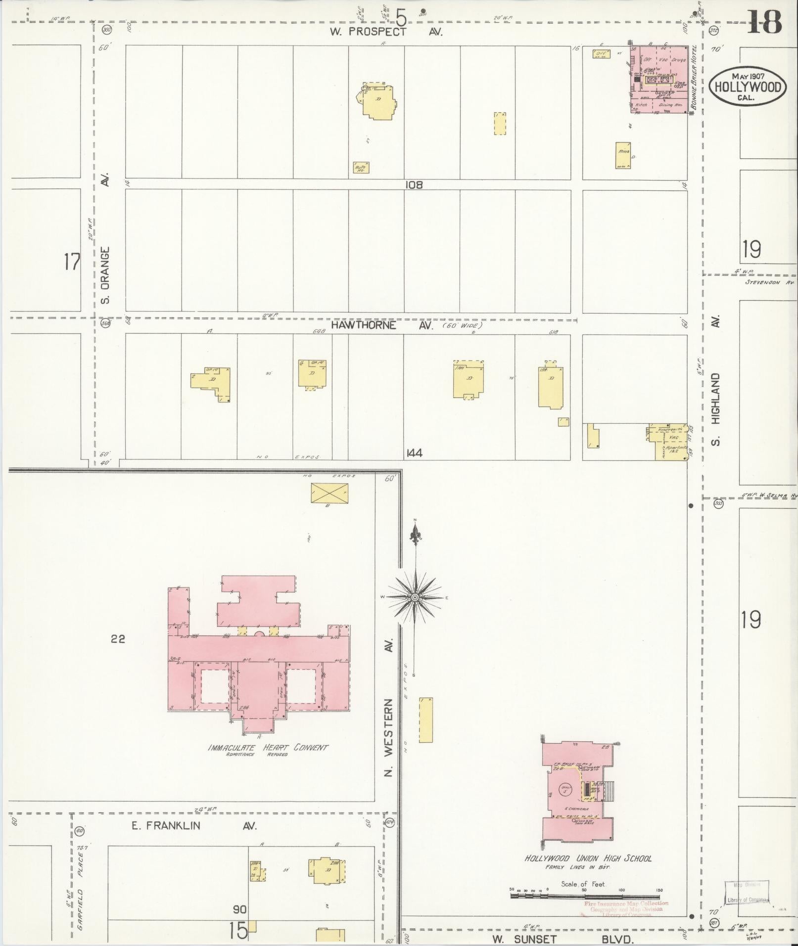 Sanborn Fire Insurance Map from Hollywood, Los Angeles County, California (1907), Sheet #0018 - Historic Sanborn Fire Insurance Map Print, vintage old map wall art, antique decor, genealogy gift, California California map
