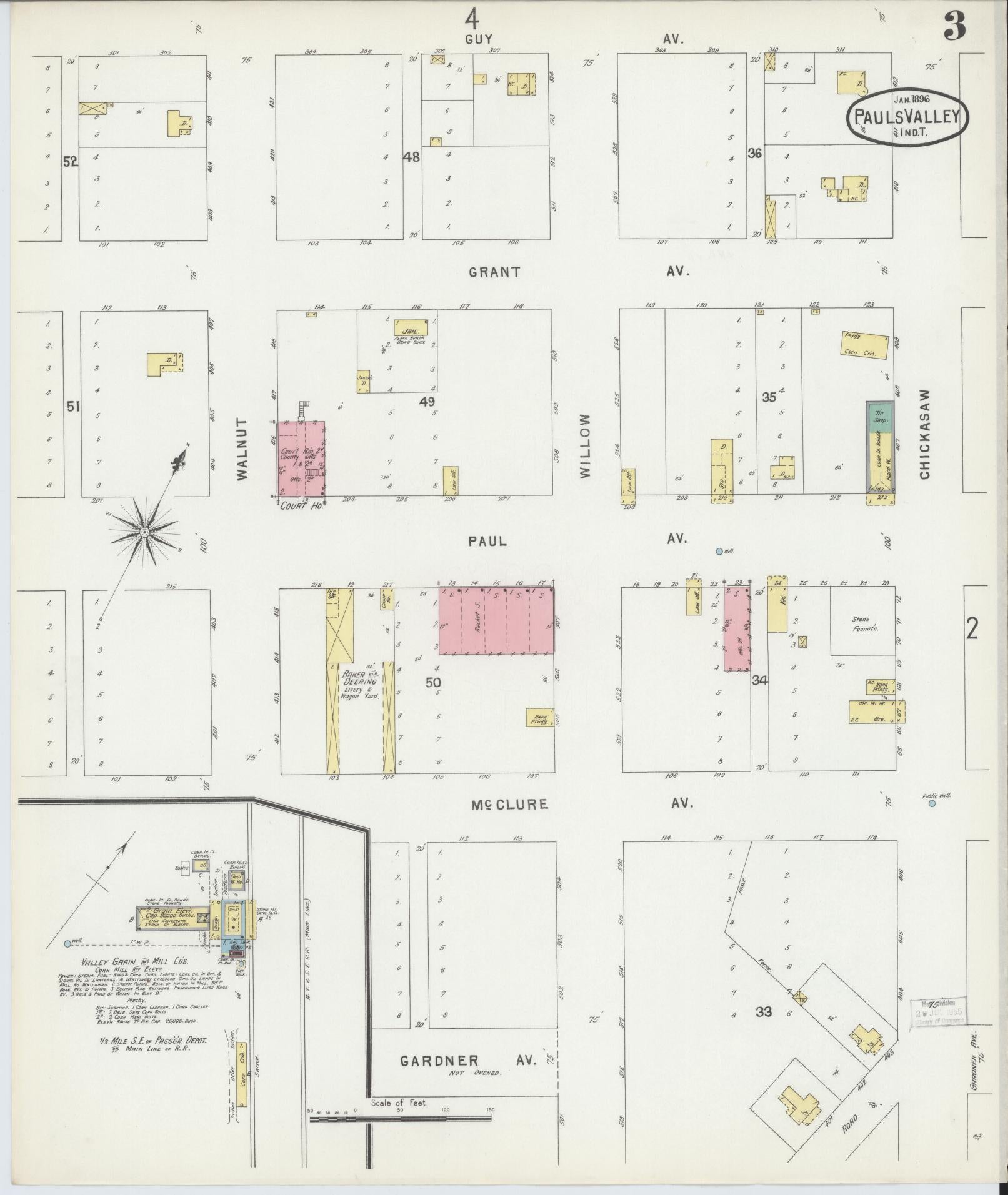 Sanborn Fire Insurance Map from Pauls Valley, Garvin County, Oklahoma (1896), Sheet #0003 - Historic Sanborn Fire Insurance Map Print, vintage old map wall art, antique decor, genealogy gift, Oklahoma Oklahoma map