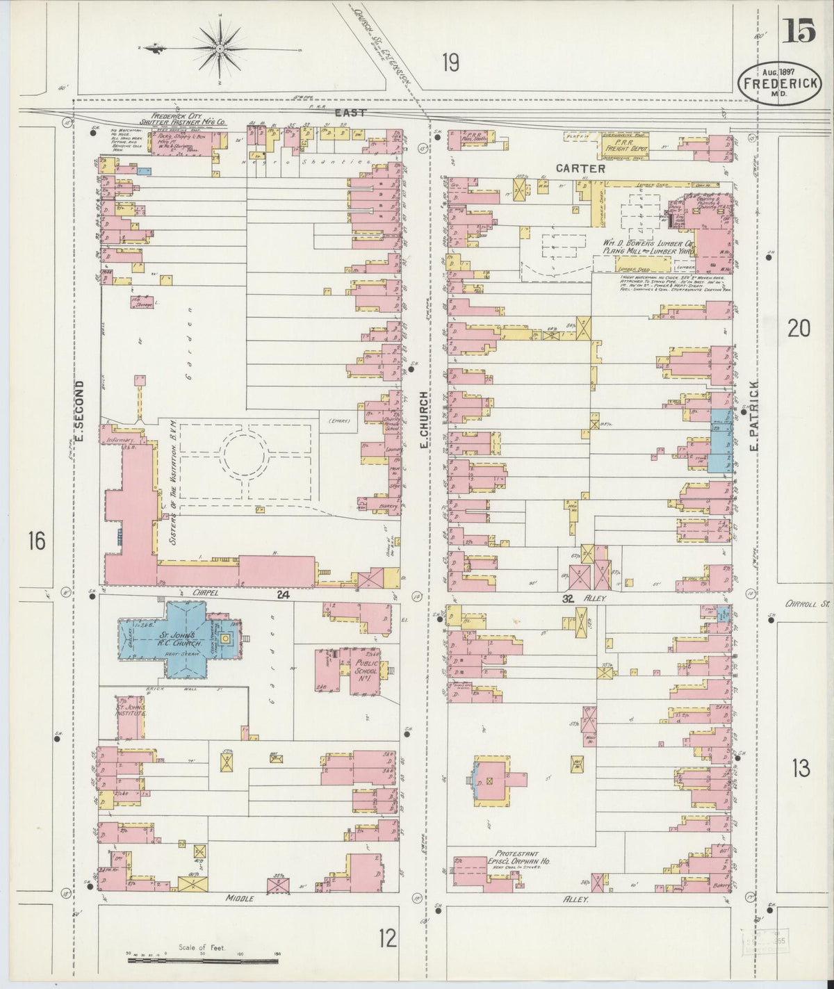 Sanborn Fire Insurance Map from Frederick, Frederick County, Maryland (1897), Sheet #0015 - Historic Sanborn Fire Insurance Map Print, vintage old map wall art, antique decor, genealogy gift, Maryland Maryland map