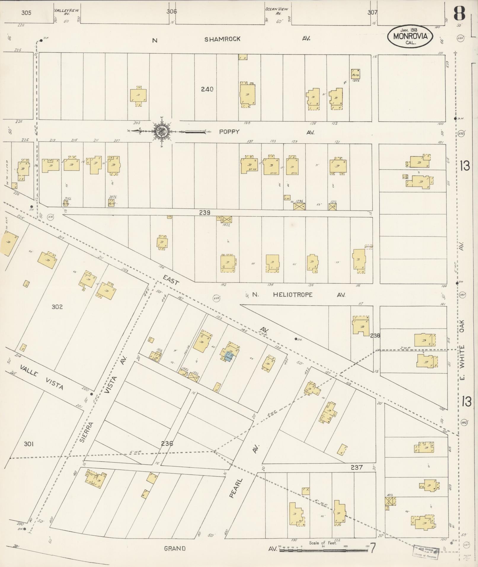 Sanborn Fire Insurance Map from Monrovia, Los Angeles County, California (1913), Sheet #0008 - Historic Sanborn Fire Insurance Map Print, vintage old map wall art, antique decor, genealogy gift, California California map