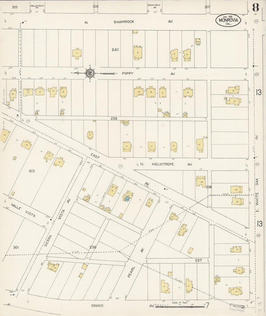 Sanborn Fire Insurance Map from Monrovia, Los Angeles County, California (1913), Sheet #0008 - Historic Sanborn Fire Insurance Map Print, vintage old map wall art, antique decor, genealogy gift, California California map