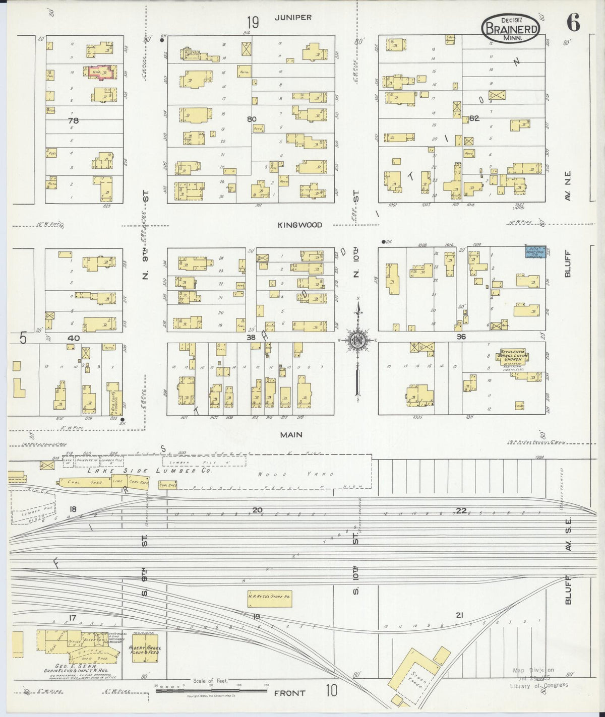 Sanborn Fire Insurance Map from Brainerd, Crow Wing County, Minnesota (1917), Sheet #0006 - Historic Sanborn Fire Insurance Map Print, vintage old map wall art, antique decor, genealogy gift, Minnesota Minnesota map