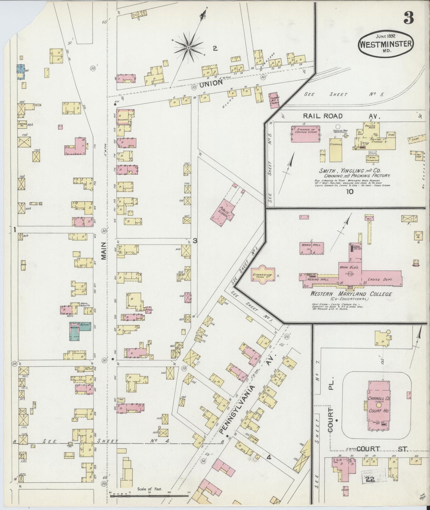 Sanborn Fire Insurance Map from Westminster, Carroll County, Maryland (1892), Sheet #0003 - Historic Sanborn Fire Insurance Map Print, vintage old map wall art, antique decor, genealogy gift, Maryland Maryland map