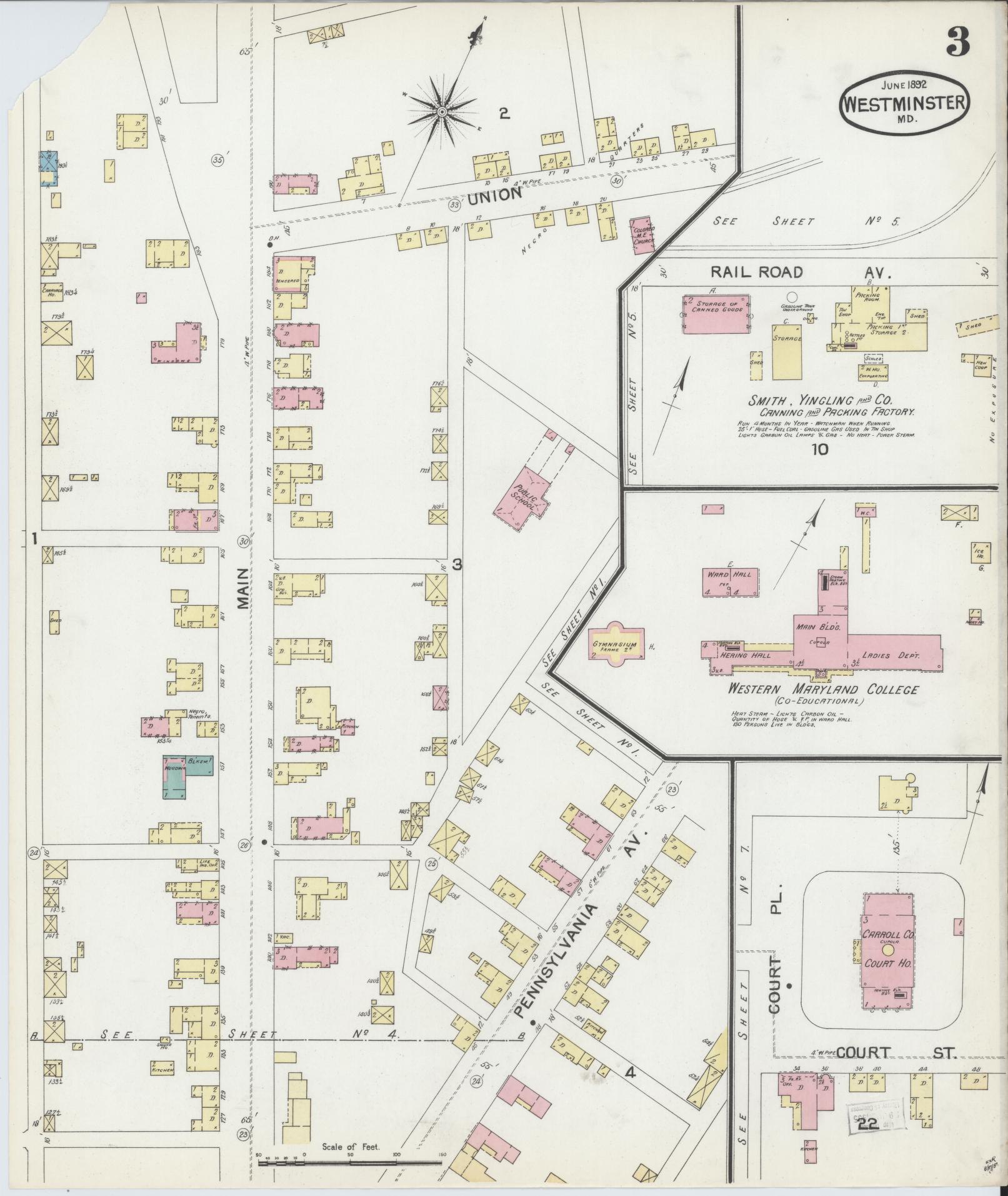 Sanborn Fire Insurance Map from Westminster, Carroll County, Maryland (1892), Sheet #0003 - Historic Sanborn Fire Insurance Map Print, vintage old map wall art, antique decor, genealogy gift, Maryland Maryland map