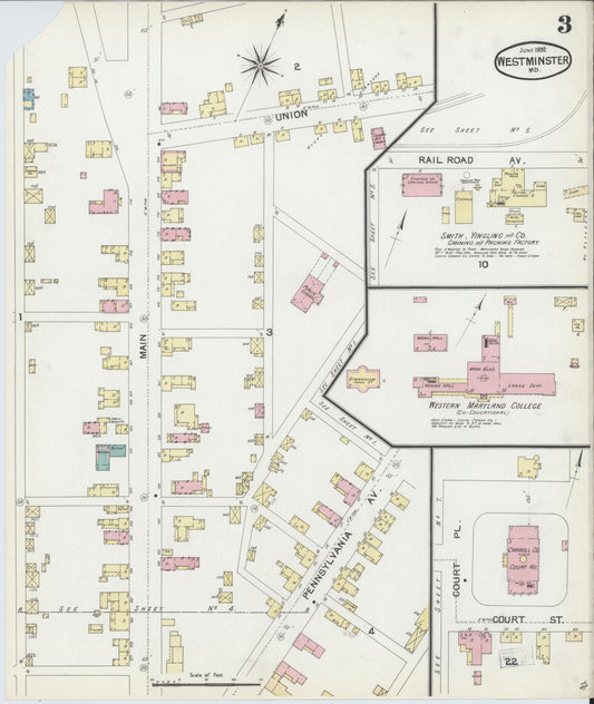 Sanborn Fire Insurance Map from Westminster, Carroll County, Maryland (1892), Sheet #0003 - Historic Sanborn Fire Insurance Map Print, vintage old map wall art, antique decor, genealogy gift, Maryland Maryland map