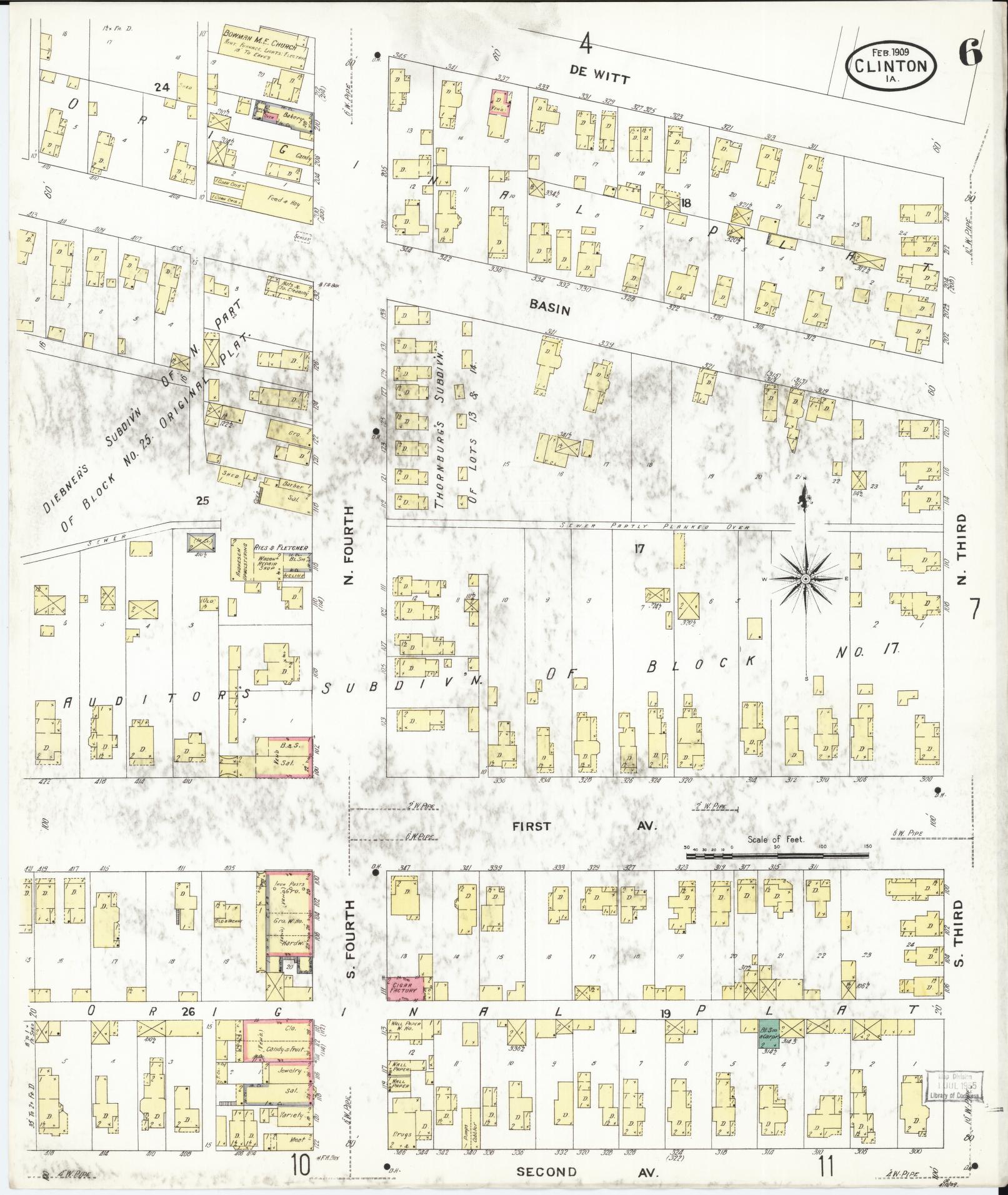 Sanborn Fire Insurance Map from Clinton, Clinton County, Iowa (1909), Sheet #0006 - Historic Sanborn Fire Insurance Map Print, vintage old map wall art