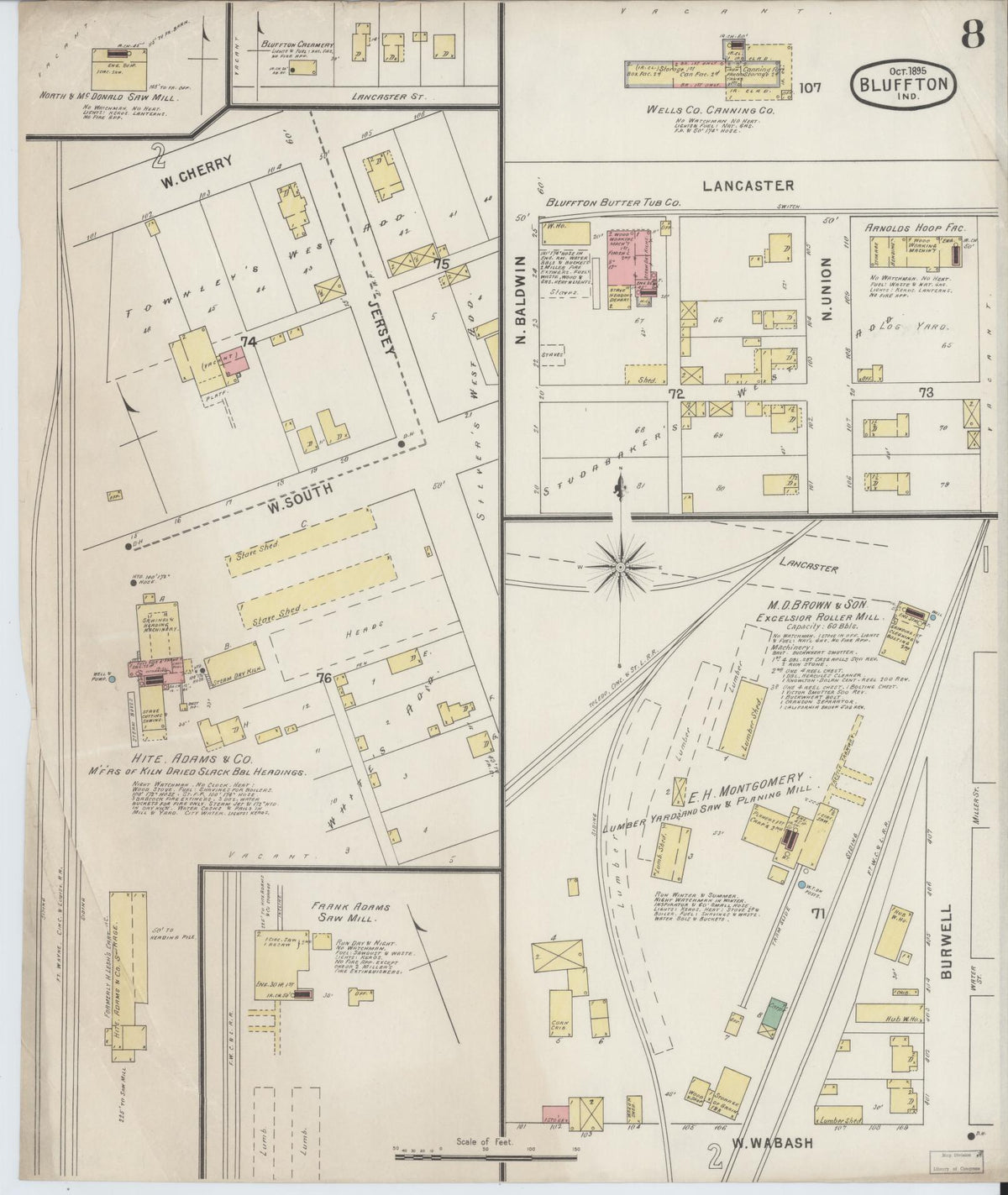 Sanborn Fire Insurance Map from Bluffton, Wells County, Indiana (1895), Sheet #0008 - Historic Sanborn Fire Insurance Map Print, vintage old map wall art, antique decor, genealogy gift, Indiana Indiana map