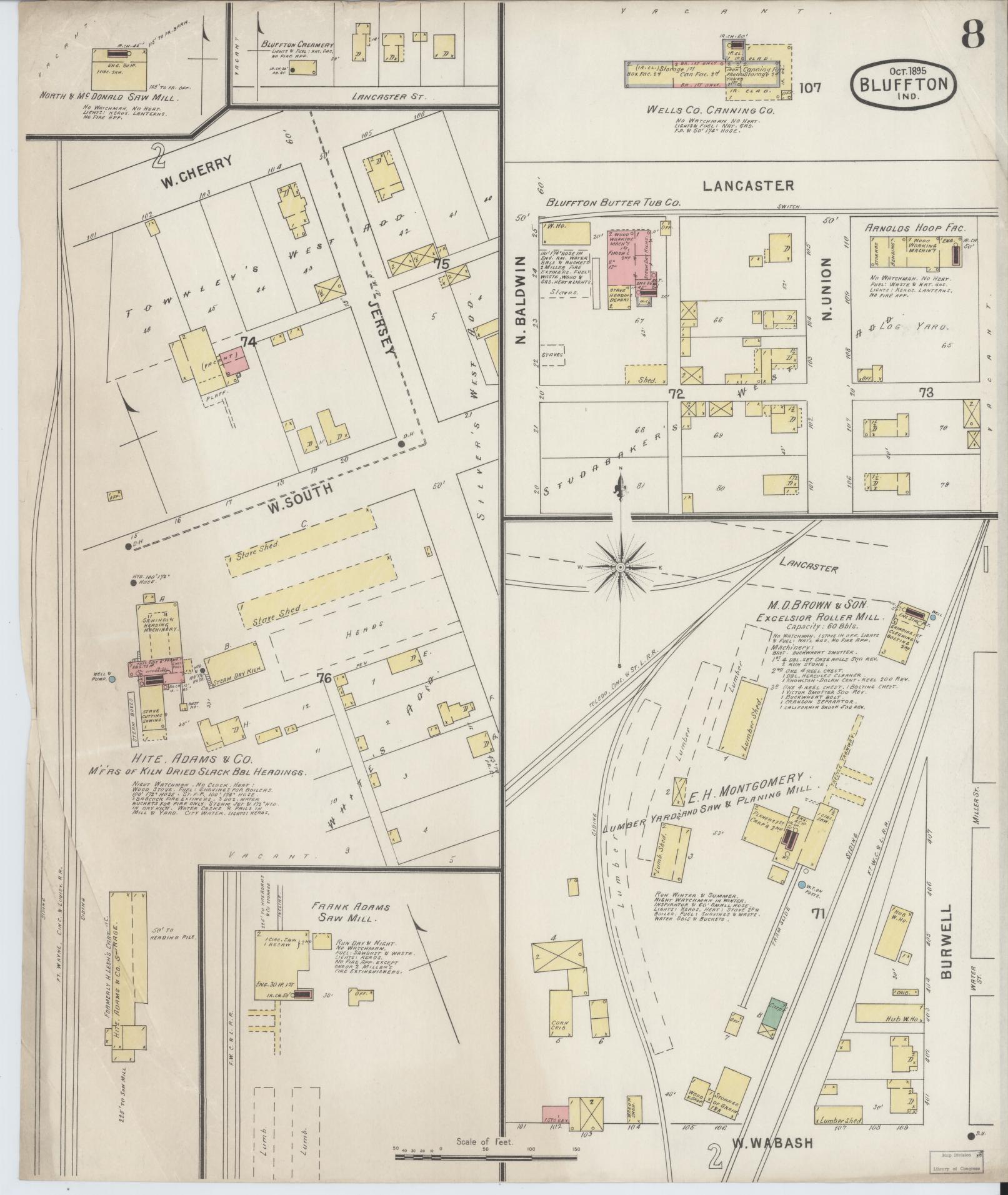 Sanborn Fire Insurance Map from Bluffton, Wells County, Indiana (1895), Sheet #0008 - Historic Sanborn Fire Insurance Map Print, vintage old map wall art, antique decor, genealogy gift, Indiana Indiana map