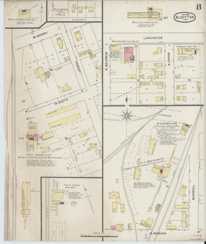 Sanborn Fire Insurance Map from Bluffton, Wells County, Indiana (1895), Sheet #0008 - Historic Sanborn Fire Insurance Map Print, vintage old map wall art, antique decor, genealogy gift, Indiana Indiana map