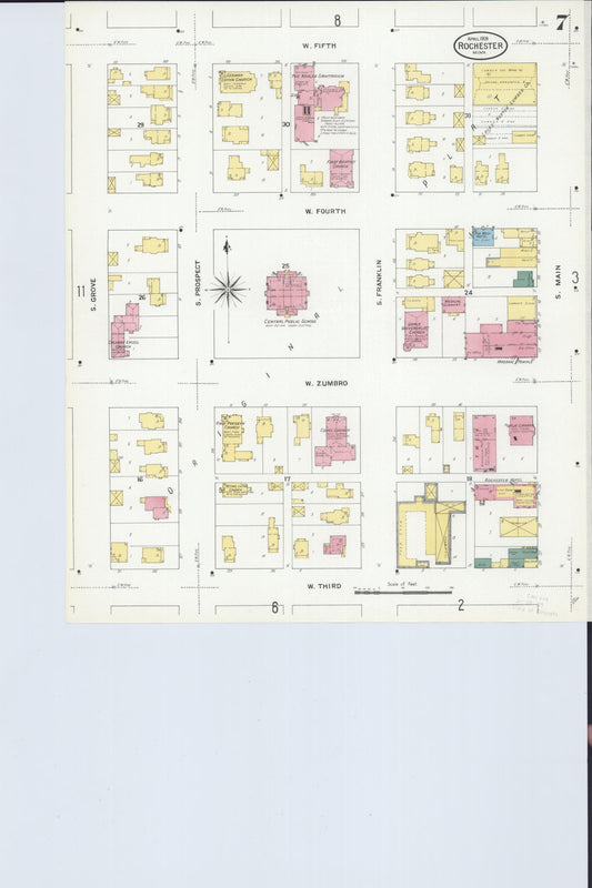Sanborn Fire Insurance Map from Rochester, Olmsted County, Minnesota (1909), Sheet #0007 - Historic Sanborn Fire Insurance Map Print, vintage old map wall art, antique decor, genealogy gift, Minnesota Minnesota map