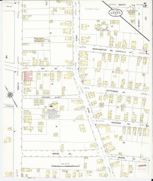 Sanborn Fire Insurance Map from Lewes, Sussex County, Delaware (1910), Sheet #0005 - Historic Sanborn Fire Insurance Map Print, vintage old map wall art, antique decor, genealogy gift, Delaware Delaware map