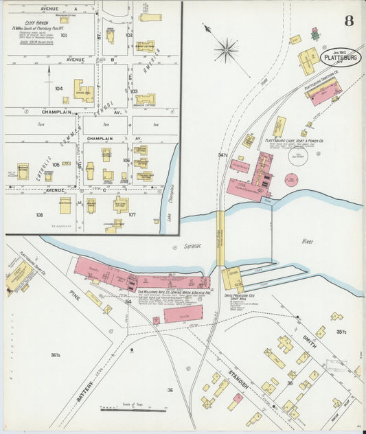 Sanborn Fire Insurance Map from Plattsburg, Clinton County, New York (1902), Sheet #0008 - Historic Sanborn Fire Insurance Map Print, vintage old map wall art, antique decor, genealogy gift, New York New York map