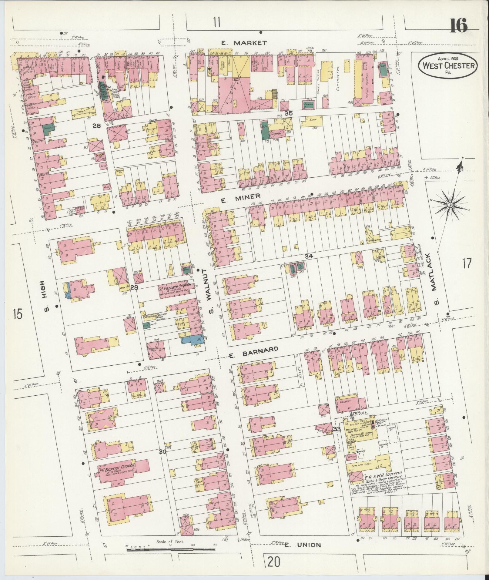 Sanborn Fire Insurance Map from West Chester, Chester County, Pennsylvania (1909), Sheet #0016 - Complete Map Set gallery image, historic Sanborn map, vintage wall art, Pennsylvania Pennsylvania
