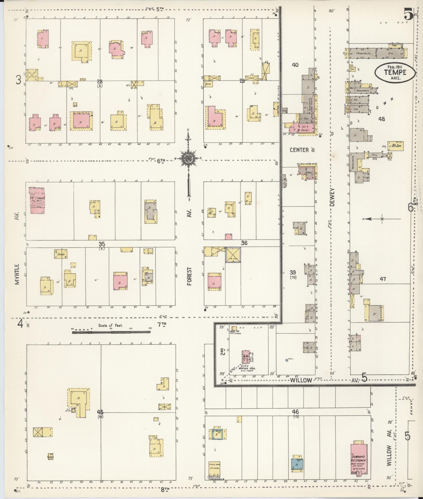 Sanborn Fire Insurance Map from Tempe, Maricopa County, Arizona (1911), Sheet #0005 - Historic Sanborn Fire Insurance Map Print, vintage old map wall art, antique decor, genealogy gift, Arizona Arizona map